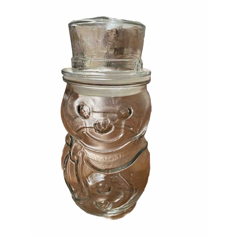 Clear Glass Snowman Jar Canister Lidded Christmas Holiday Decor 8"